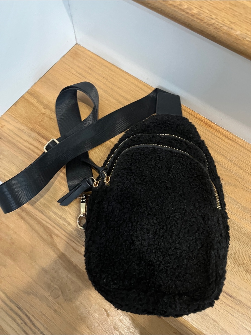 Black Sherpa Crossbody Sling Bag with Gold Hardware